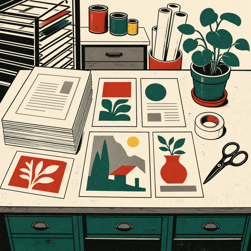Un comptoir d'atelier : une pile de pages imprimées, des affiches, du ruban adhésif, des ciseaux.